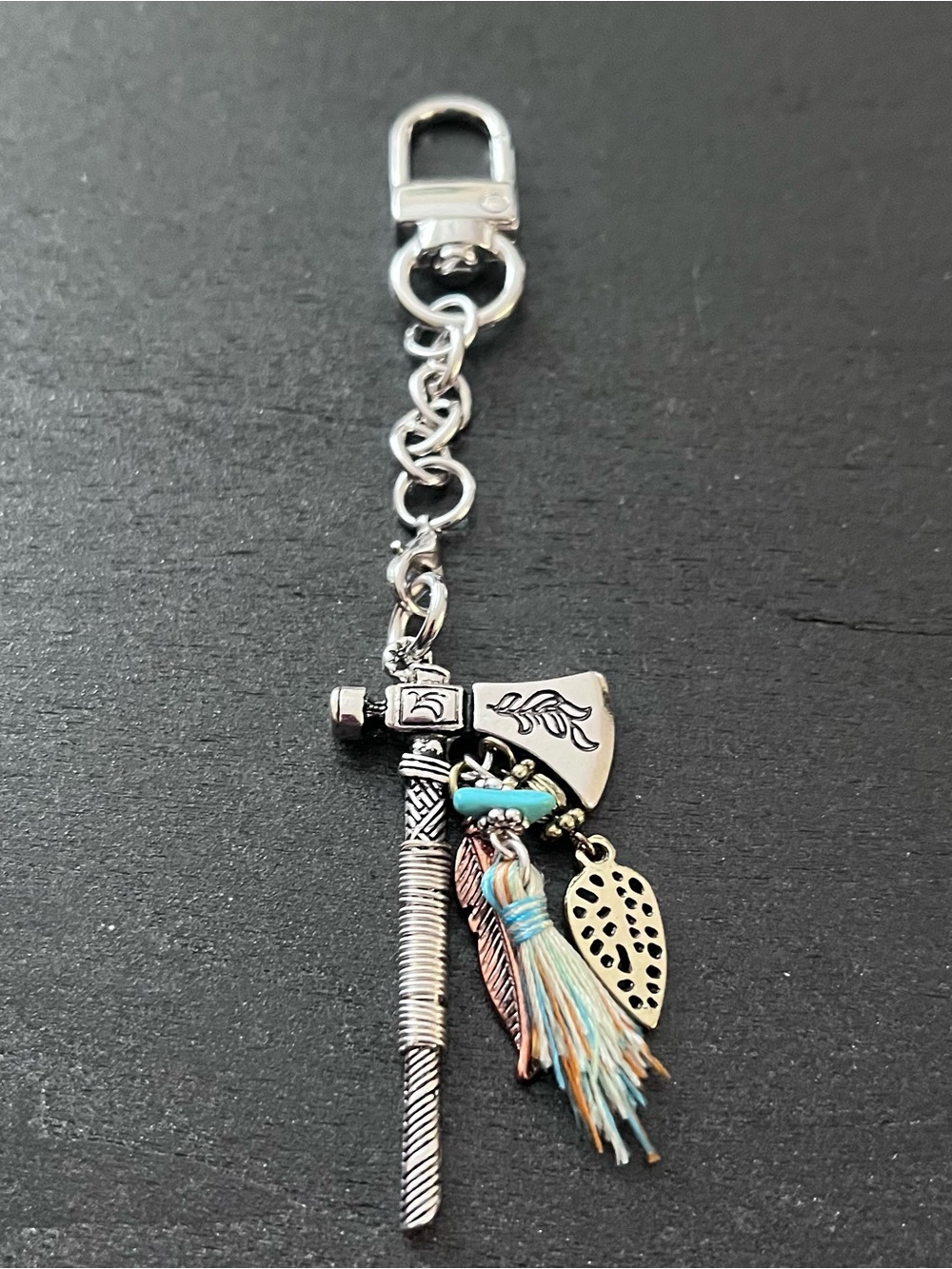 Boho Feather & Axe Charm Keychain in Silver and Turquoise